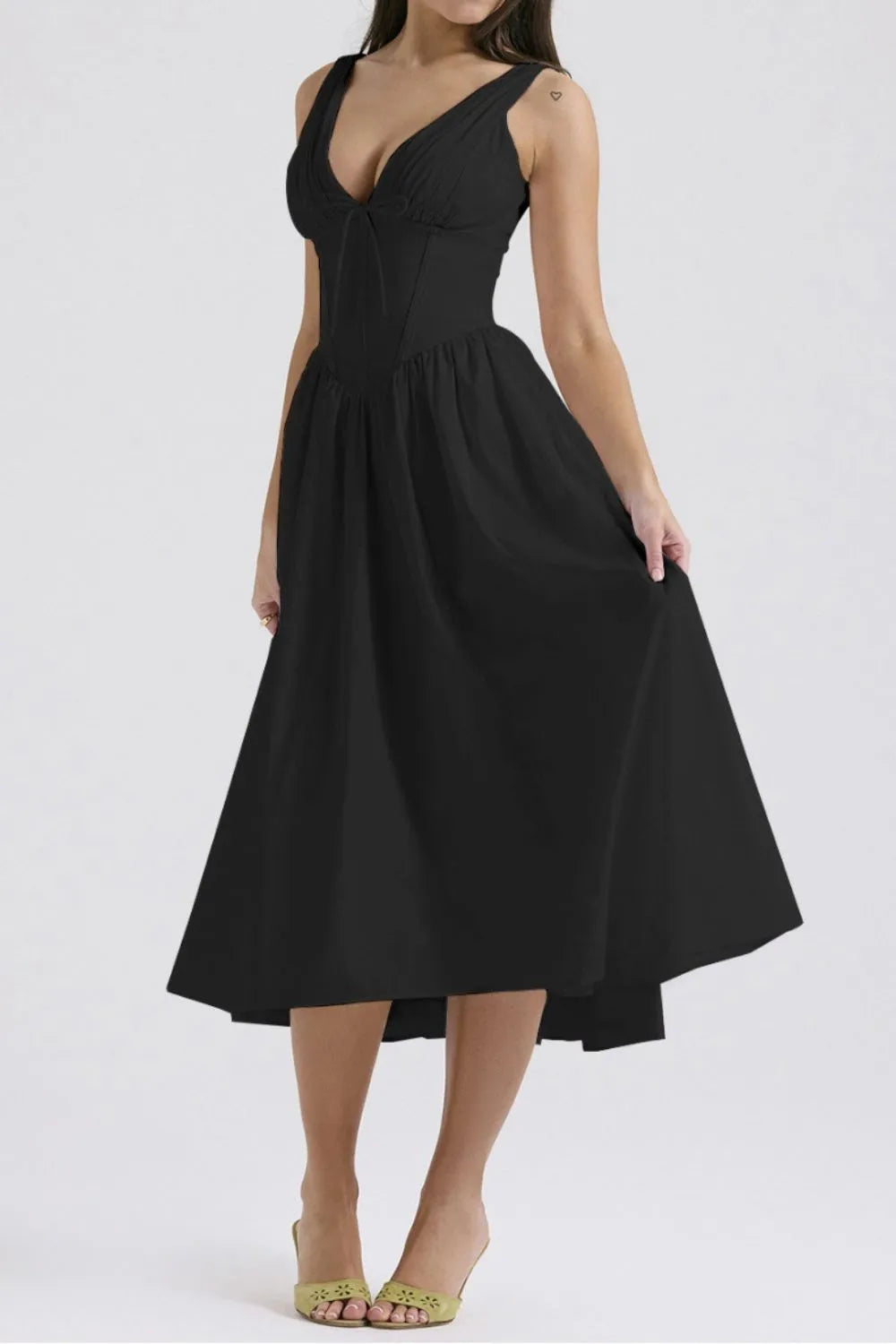 Ruched V-Neck Sleeveless Dress with Pockets.