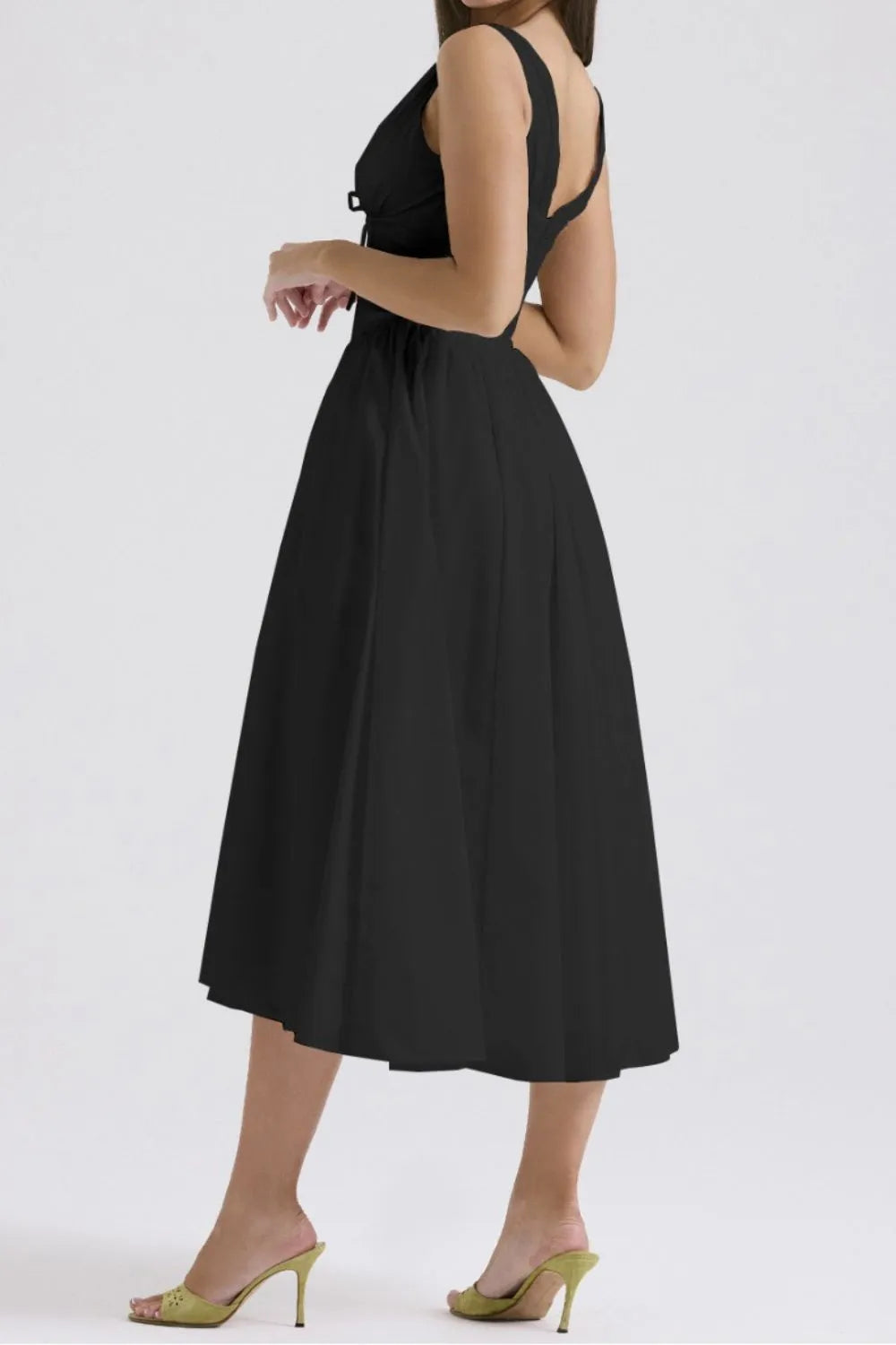 Ruched V-Neck Sleeveless Dress with Pockets.