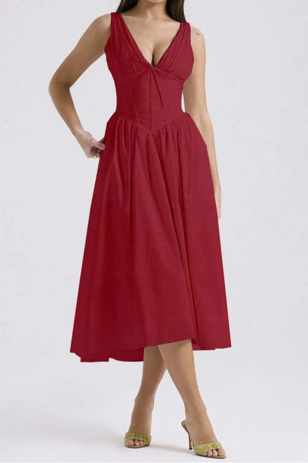Ruched V-Neck Sleeveless Dress with Pockets.