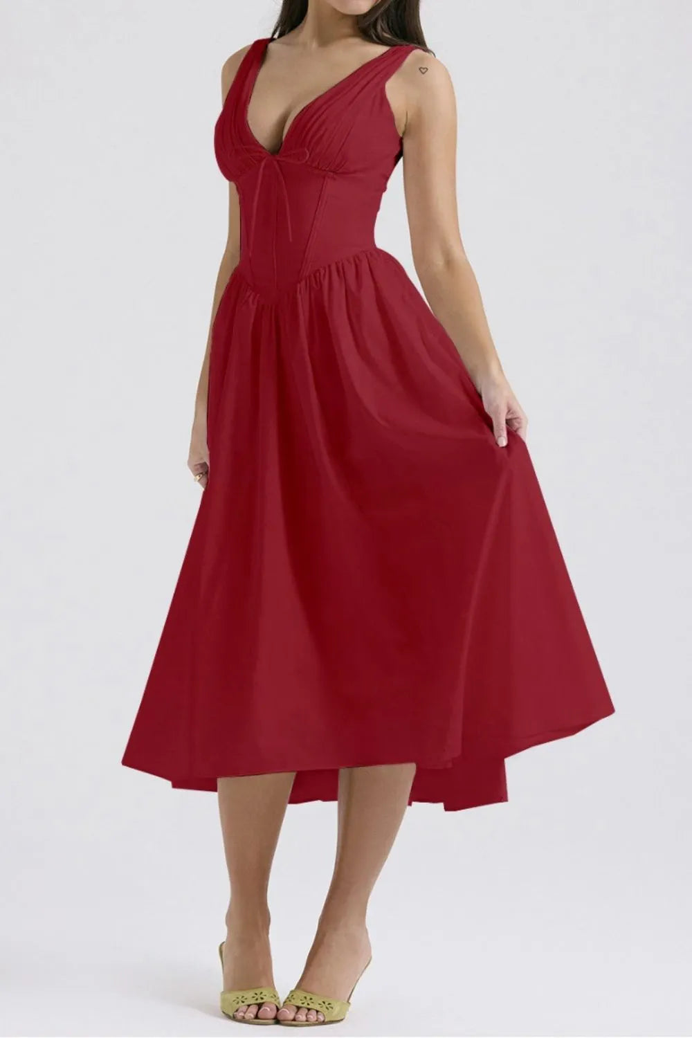 Ruched V-Neck Sleeveless Dress with Pockets.
