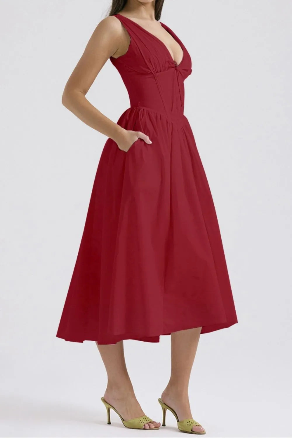 Ruched V-Neck Sleeveless Dress with Pockets.