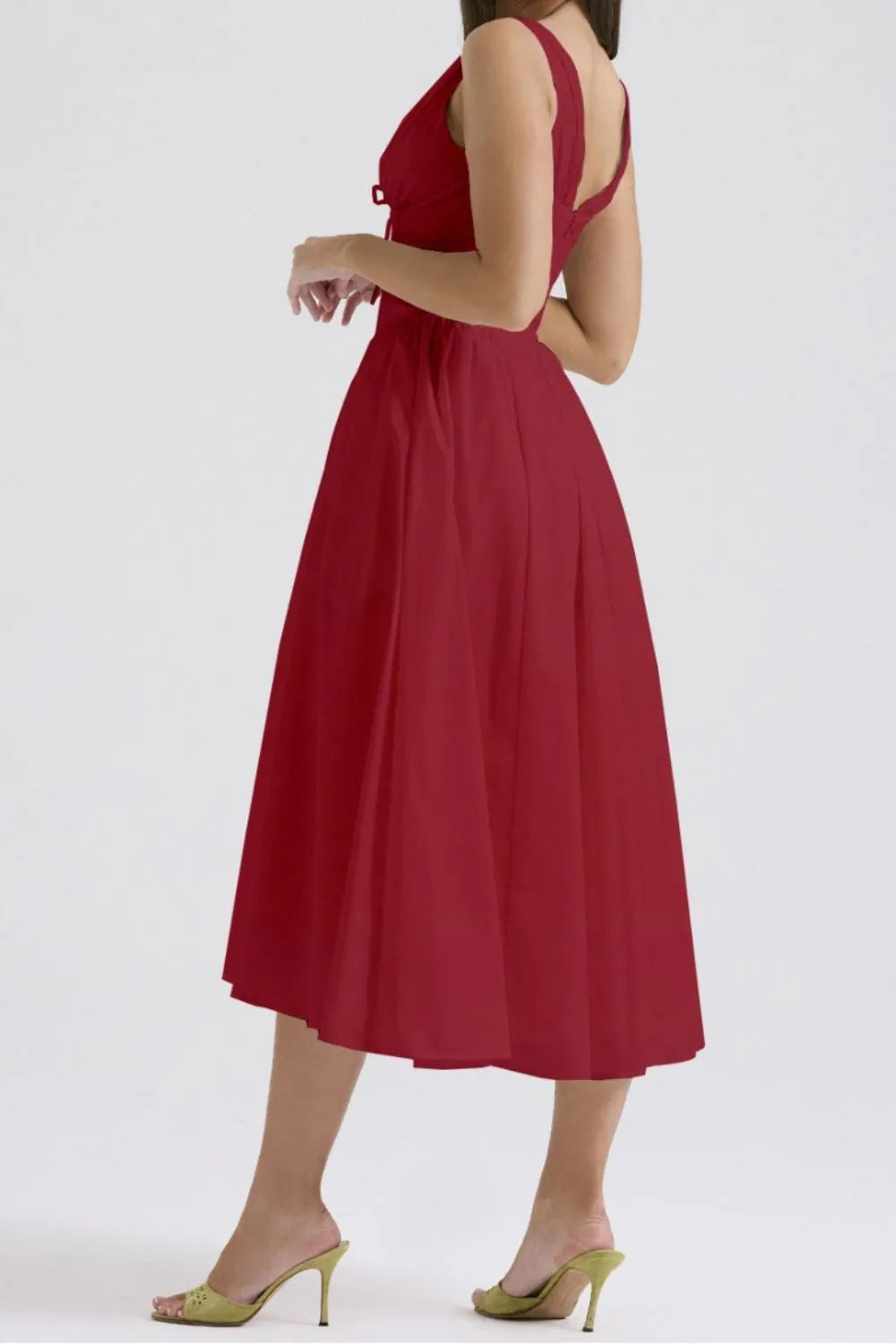 Ruched V-Neck Sleeveless Dress with Pockets.