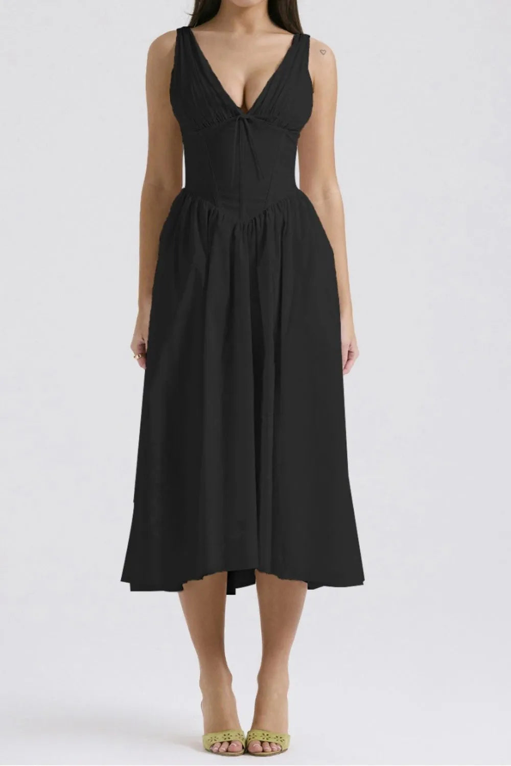 Ruched V-Neck Sleeveless Dress with Pockets.