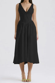 Ruched V-Neck Sleeveless Dress with Pockets.
