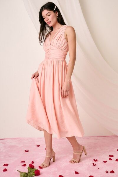 Mittoshop Ruched V-Neck Sleeveless Midi Dress.
