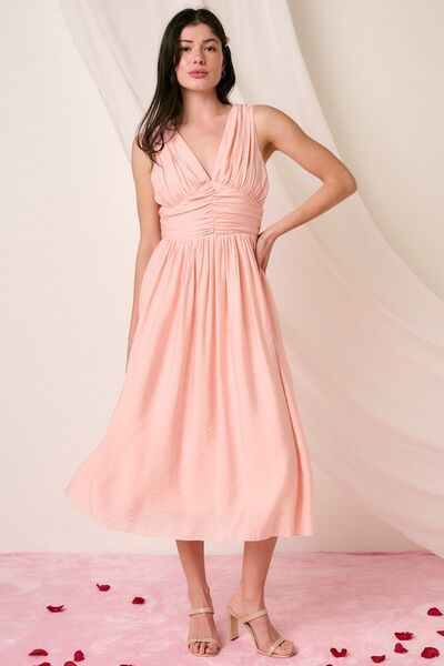 Mittoshop Ruched V-Neck Sleeveless Midi Dress.