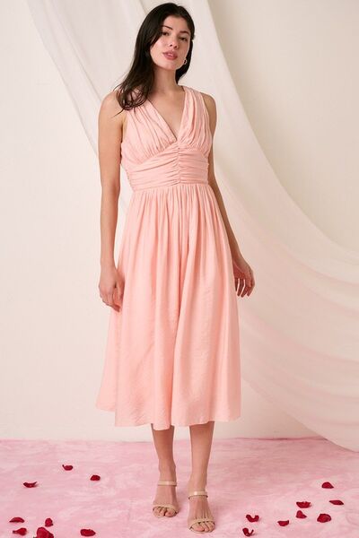 Mittoshop Ruched V-Neck Sleeveless Midi Dress.