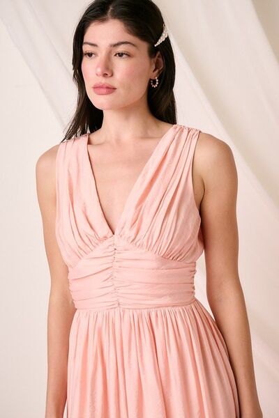 Mittoshop Ruched V-Neck Sleeveless Midi Dress.