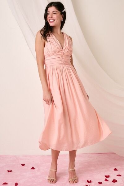 Mittoshop Ruched V-Neck Sleeveless Midi Dress.