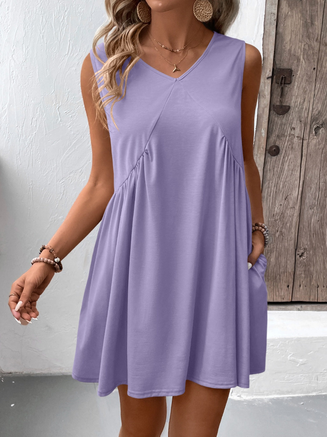 Ivy Lane Ruched V-Neck Sleeveless Mini Dress.