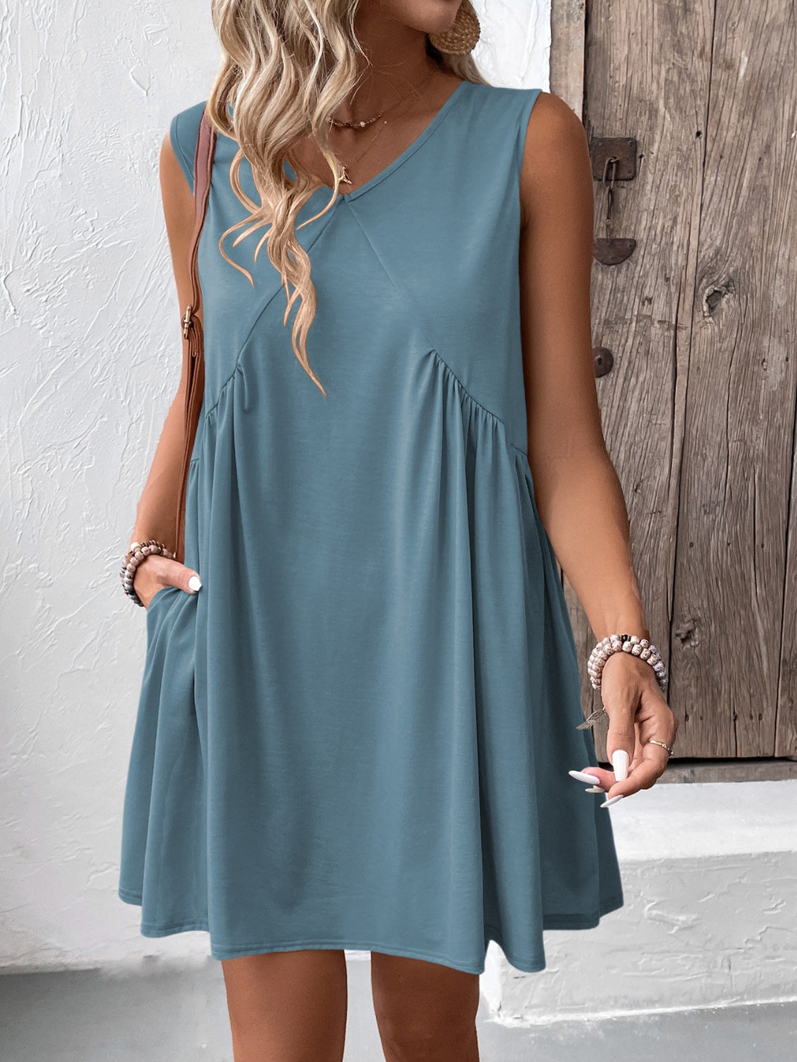 Ivy Lane Ruched V-Neck Sleeveless Mini Dress.