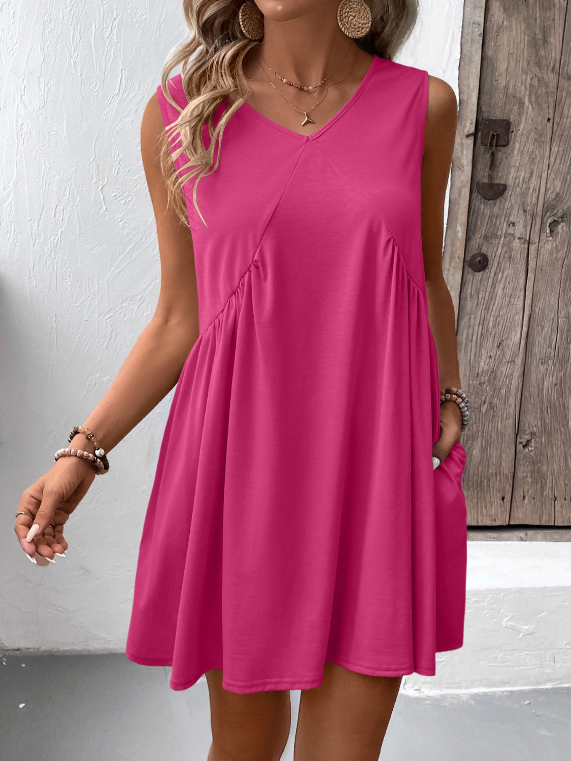 Ivy Lane Ruched V-Neck Sleeveless Mini Dress.