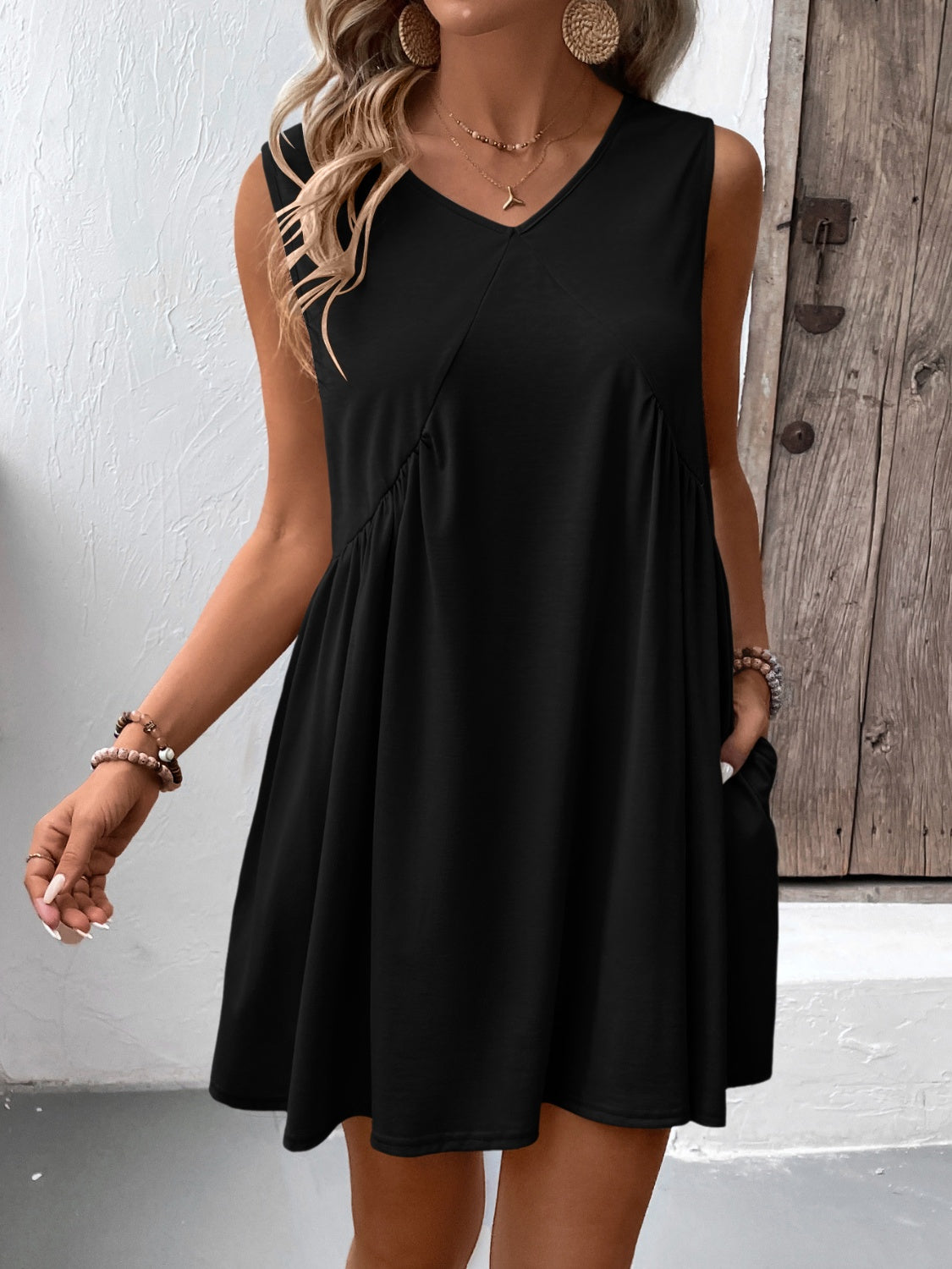 Ivy Lane Ruched V-Neck Sleeveless Mini Dress.