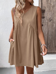 Ivy Lane Ruched V-Neck Sleeveless Mini Dress.