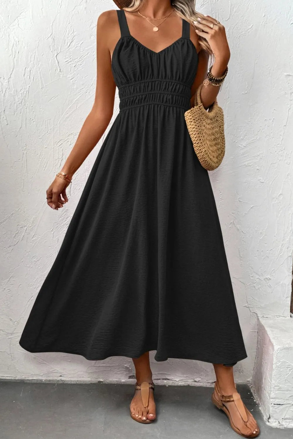 Ruched Wide Strap Cami Dress.