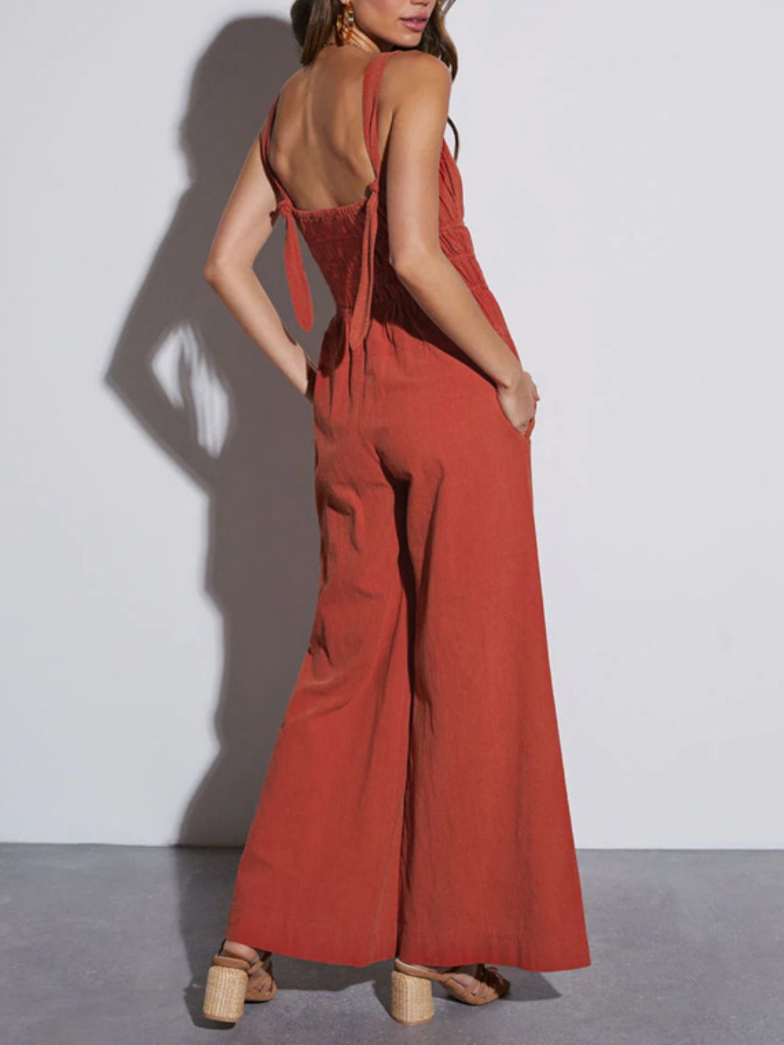 Ruched Wide Strap Jumpsuit with Pockets and Tie.