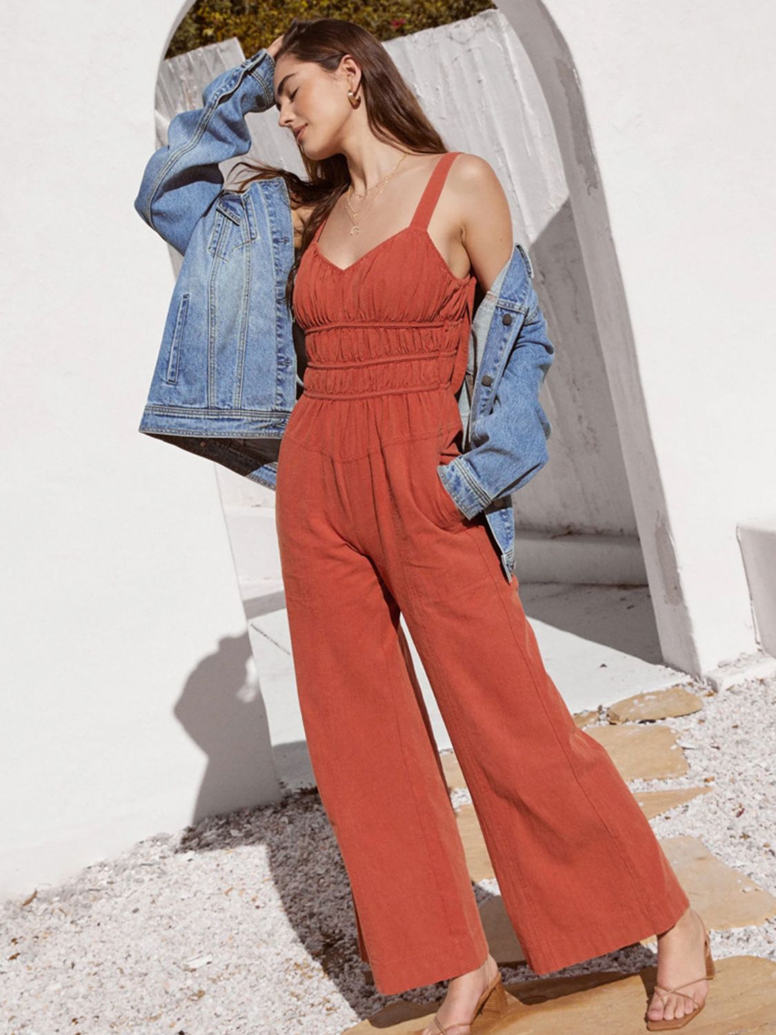 Ruched Wide Strap Jumpsuit with Pockets and Tie.