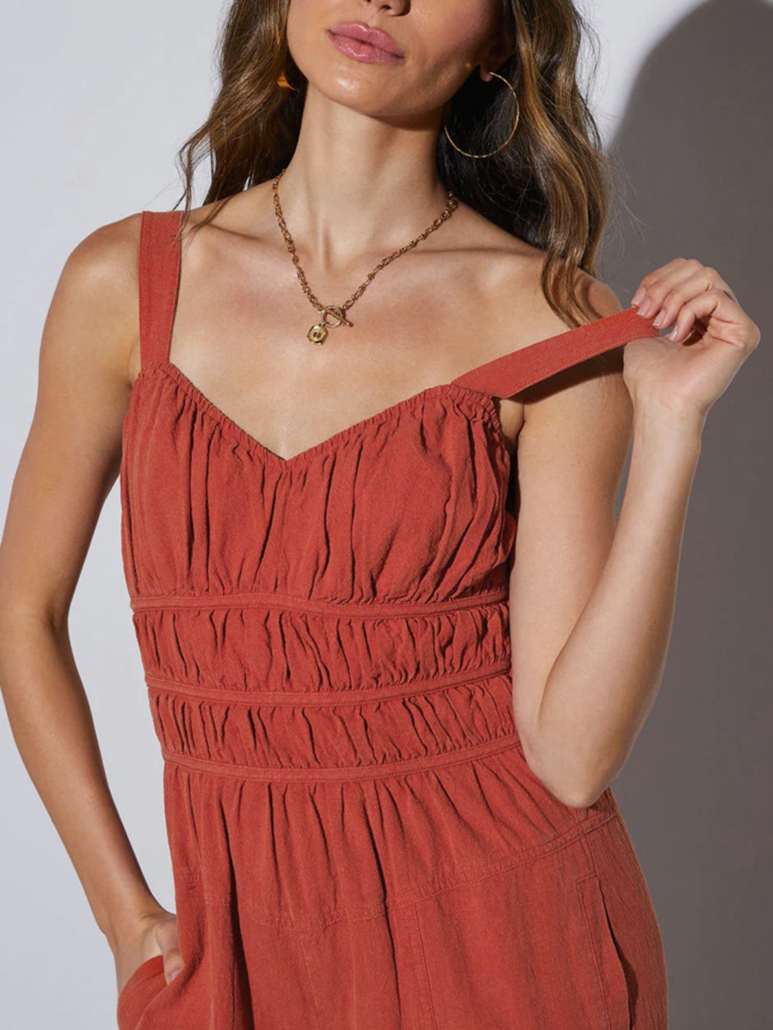 Ruched Wide Strap Jumpsuit with Pockets and Tie.