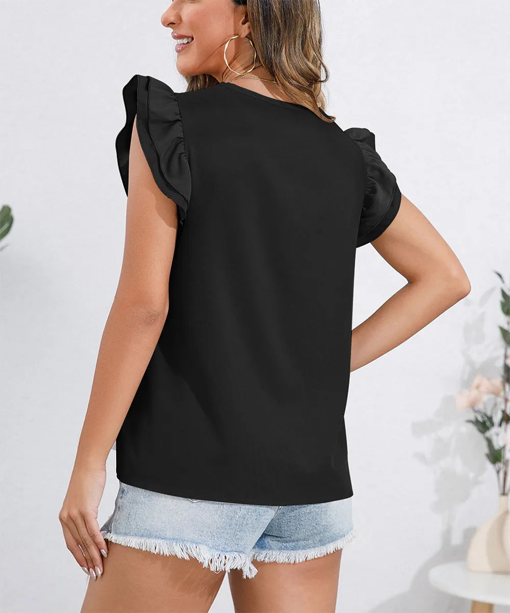 Ruffle Cap Sleeve Round Neck Blouse.