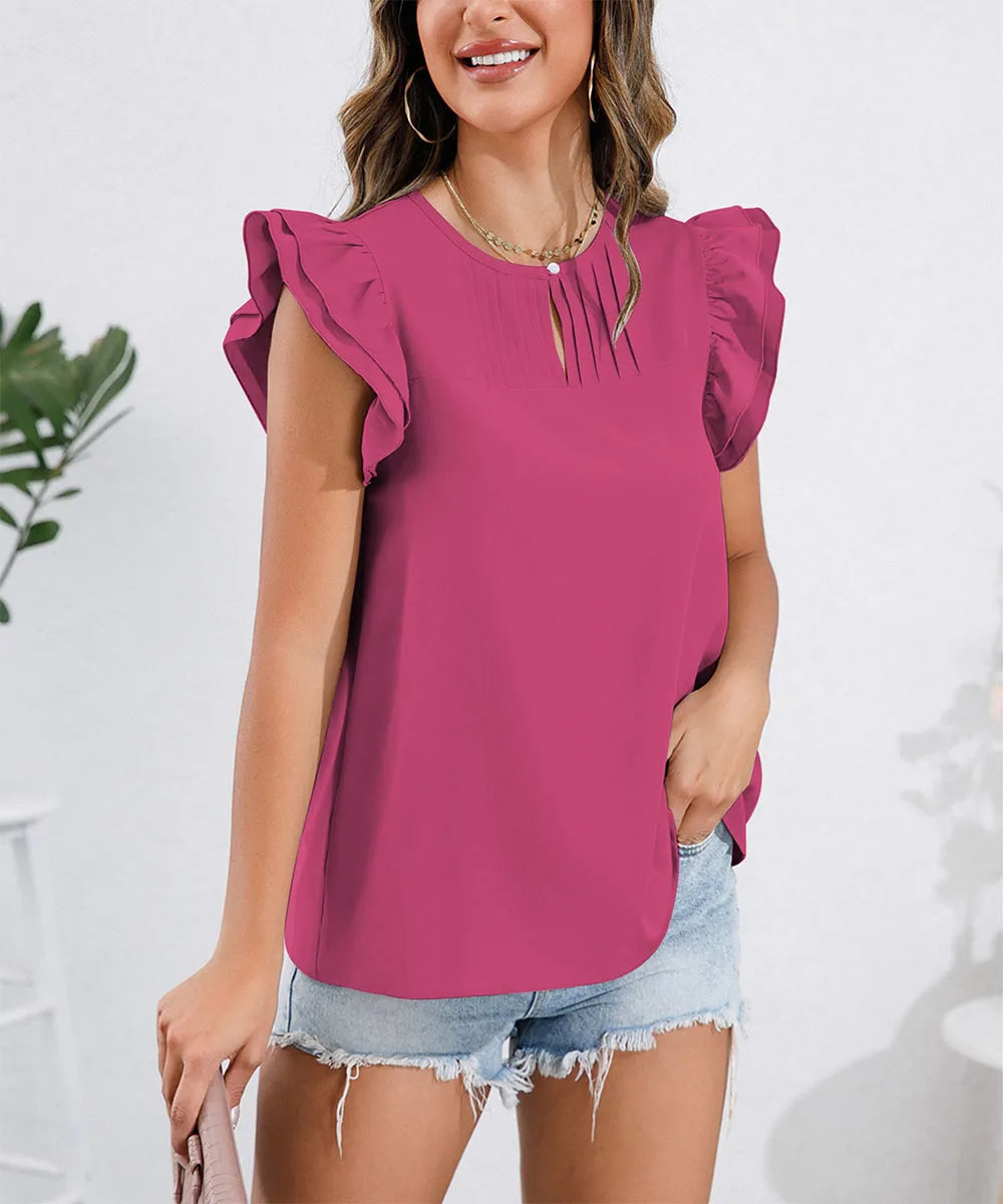 Ruffle Cap Sleeve Round Neck Blouse.