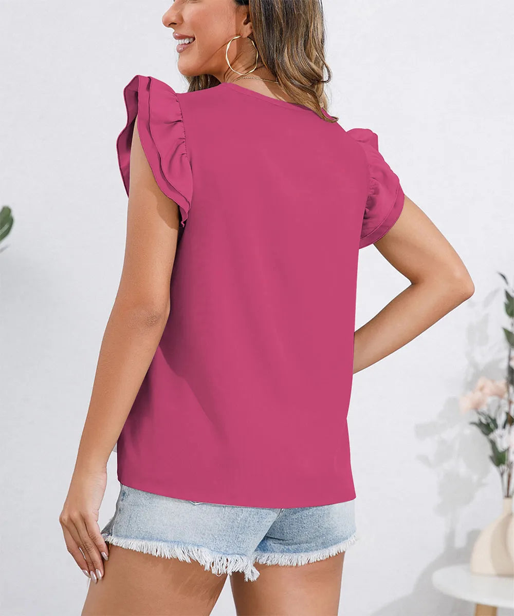 Ruffle Cap Sleeve Round Neck Blouse.