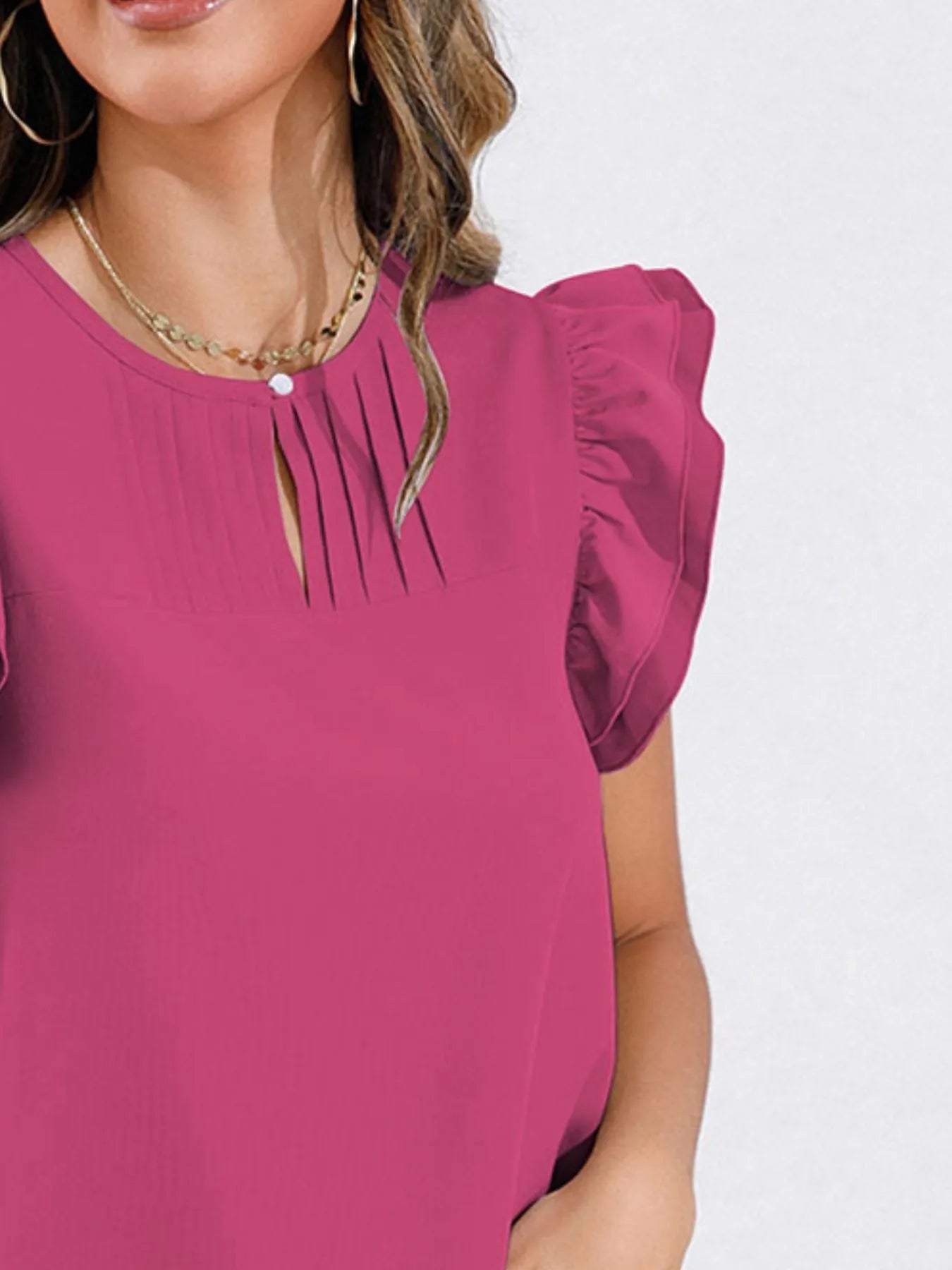Ruffle Cap Sleeve Round Neck Blouse.