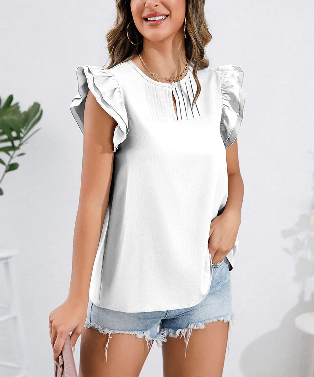 Ruffle Cap Sleeve Round Neck Blouse.