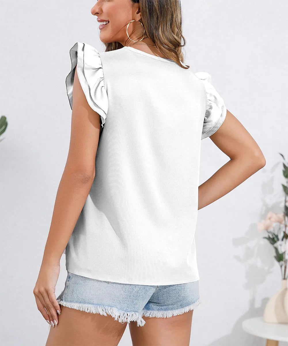 Ruffle Cap Sleeve Round Neck Blouse.