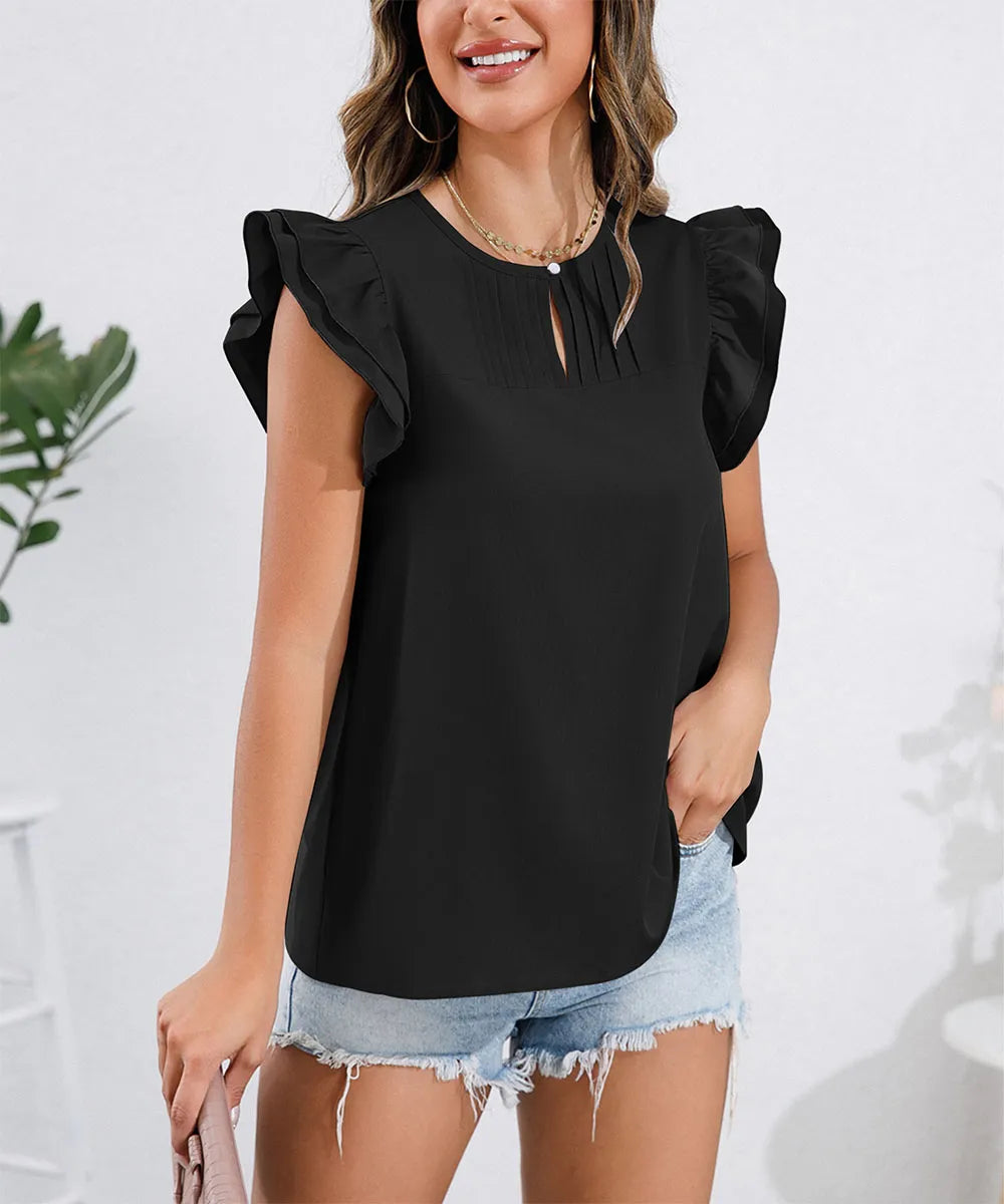 Ruffle Cap Sleeve Round Neck Blouse.