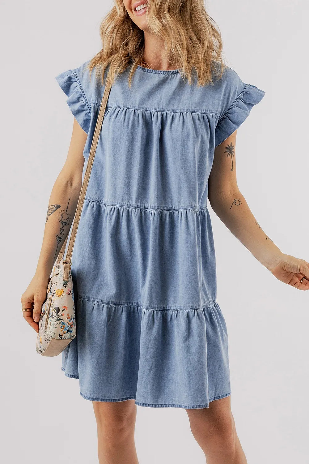 Ruffle Cap Sleeve Tiered A-line Denim Dress.