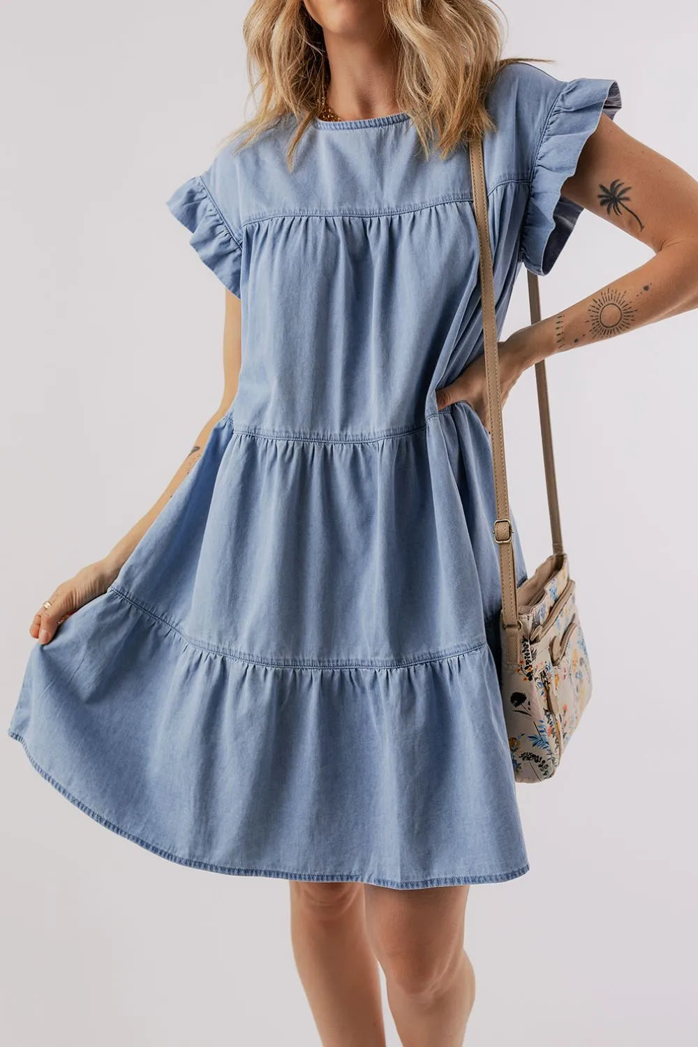 Ruffle Cap Sleeve Tiered A-line Denim Dress.