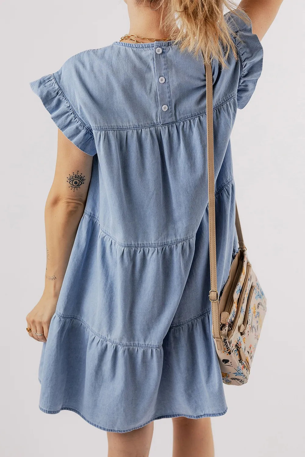 Ruffle Cap Sleeve Tiered A-line Denim Dress.