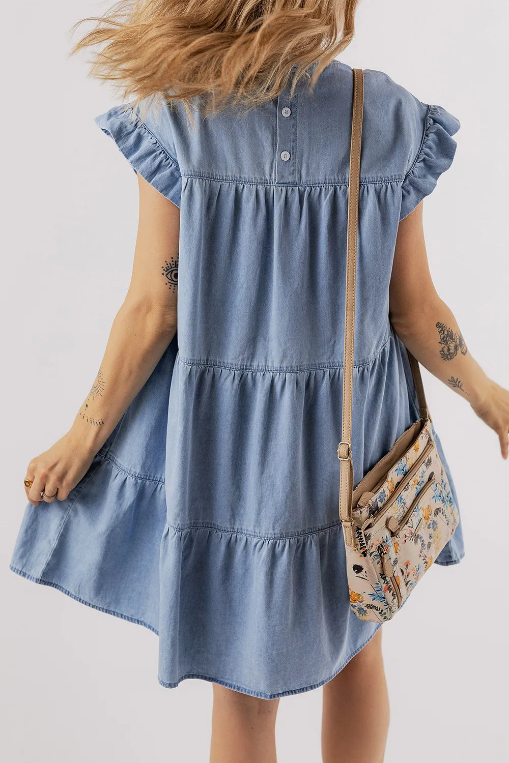 Ruffle Cap Sleeve Tiered A-line Denim Dress.