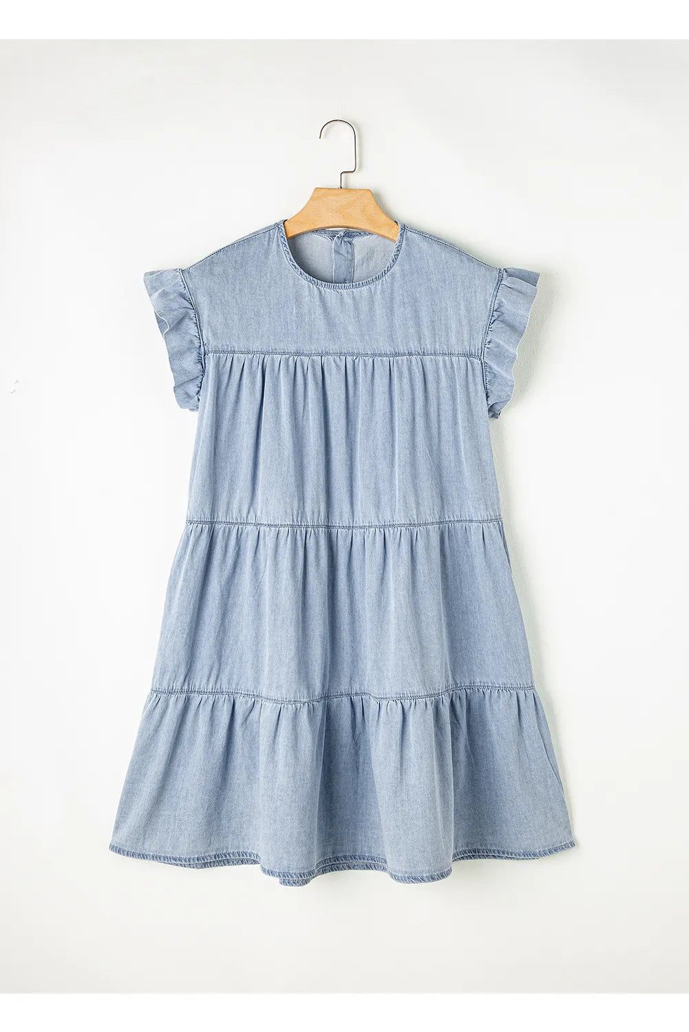 Ruffle Cap Sleeve Tiered A-line Denim Dress.