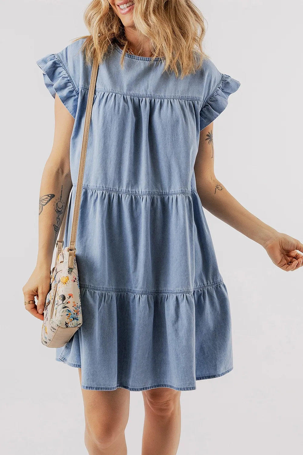 Ruffle Cap Sleeve Tiered A-line Denim Dress.