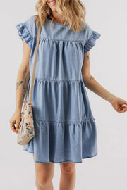 Ruffle Cap Sleeve Tiered A-line Denim Dress.