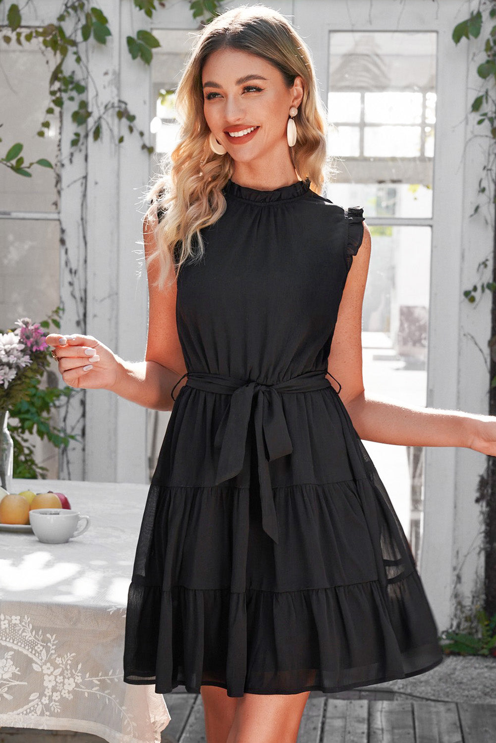 Ruffle Collar Tie Belt Tiered Dress.