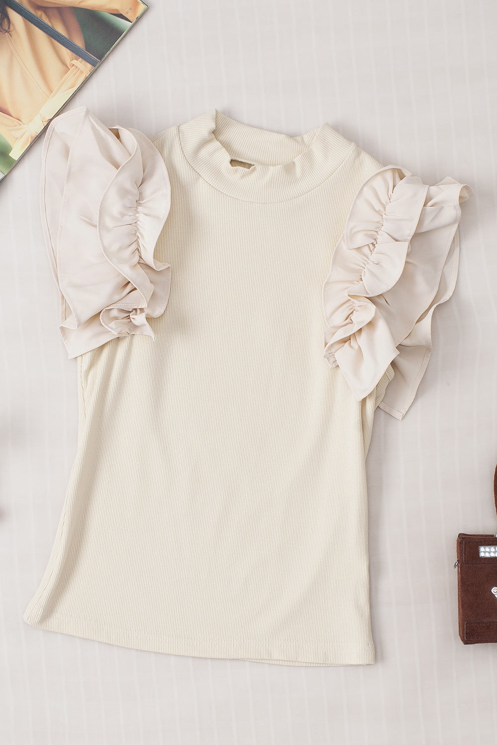 Ruffle Flutter Sleeve Mock Neck Ribbed Top.