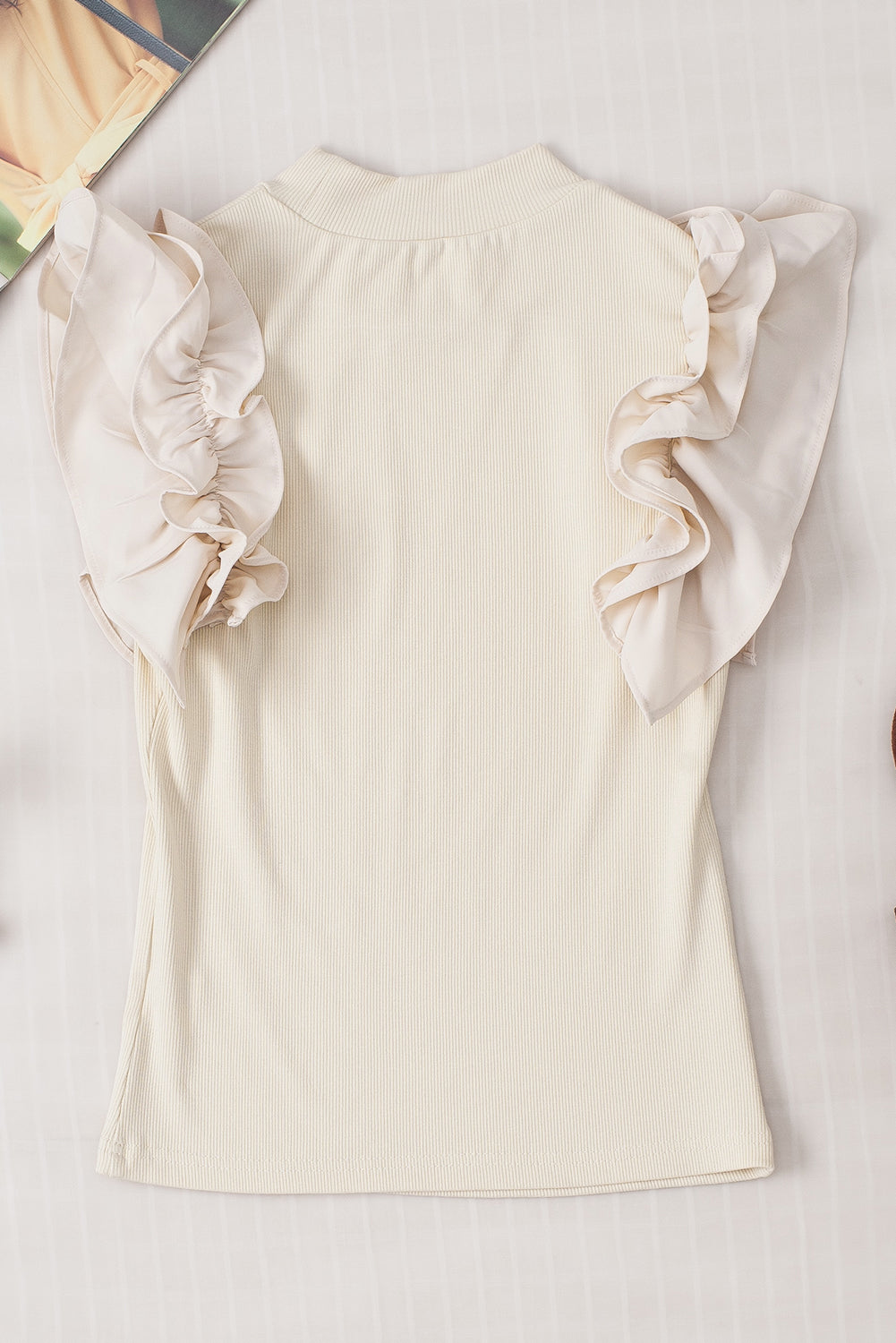 Ruffle Flutter Sleeve Mock Neck Ribbed Top.