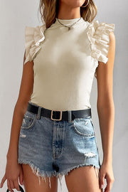Ruffle Flutter Sleeve Mock Neck Ribbed Top.