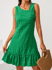 Ruffle Hem Asymmetrical Neck Sleeveless Dress.