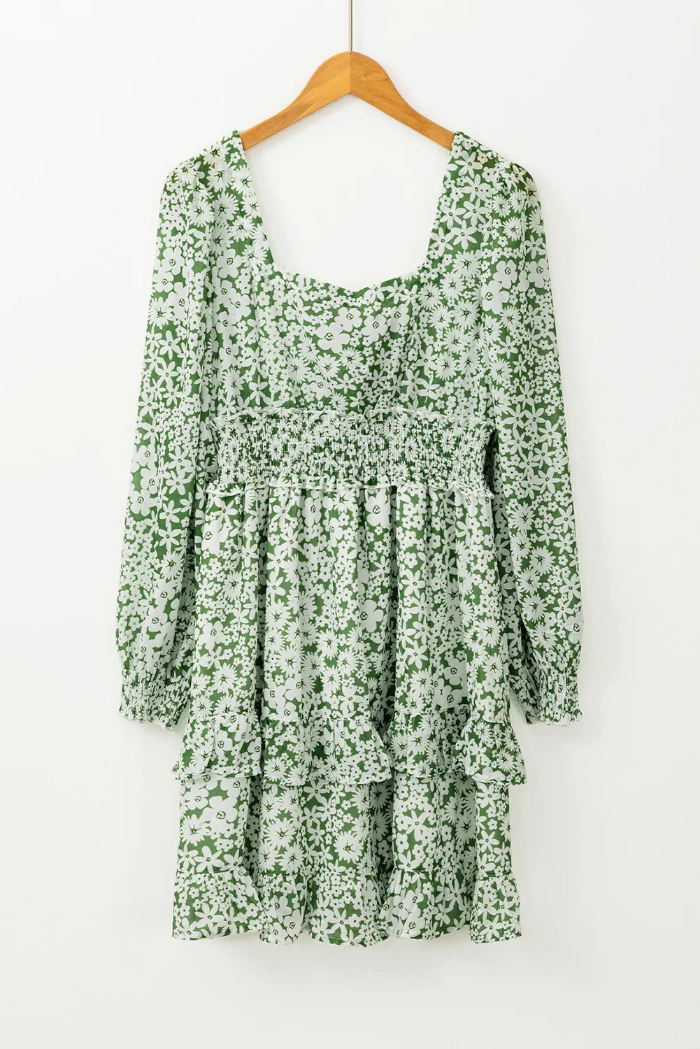 Ruffle Hem Floral Square Neck Long Sleeve Dress.