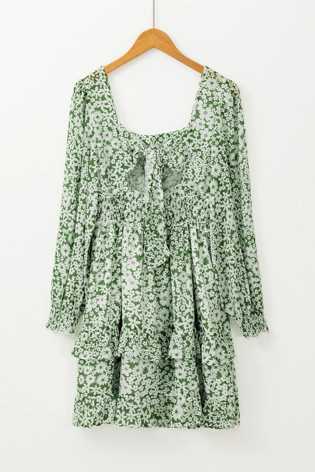 Ruffle Hem Floral Square Neck Long Sleeve Dress.