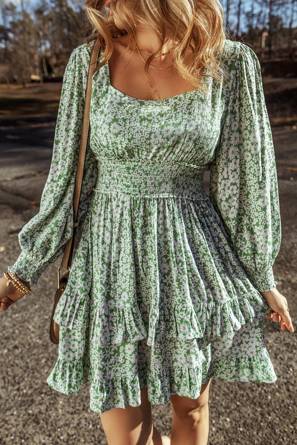 Ruffle Hem Floral Square Neck Long Sleeve Dress.