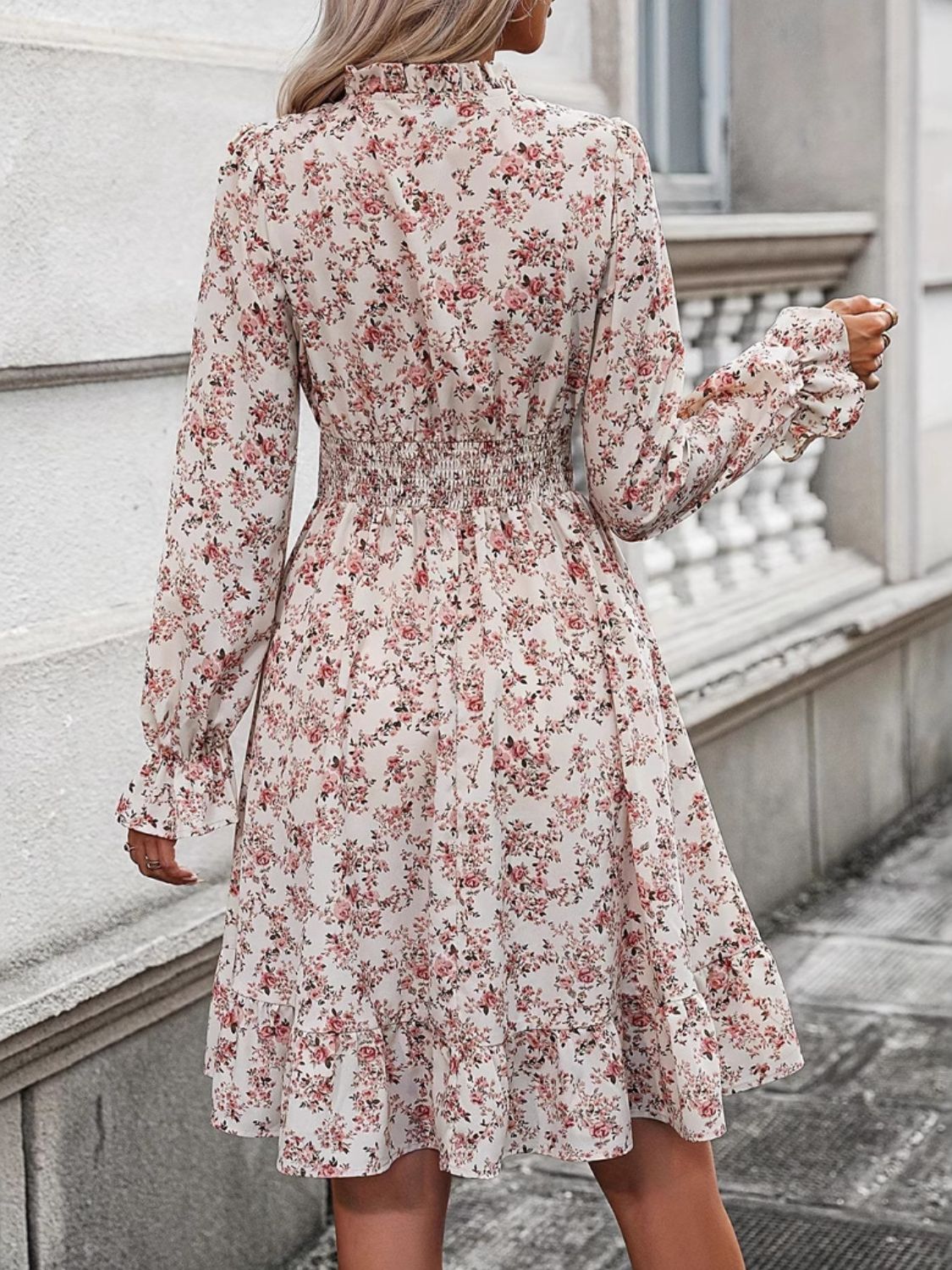 Ruffle Hem Floral Surplice Long Sleeve Dress.