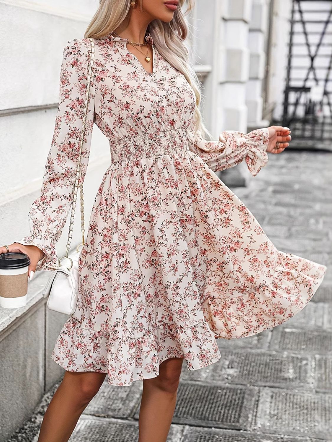 Ruffle Hem Floral Surplice Long Sleeve Dress.