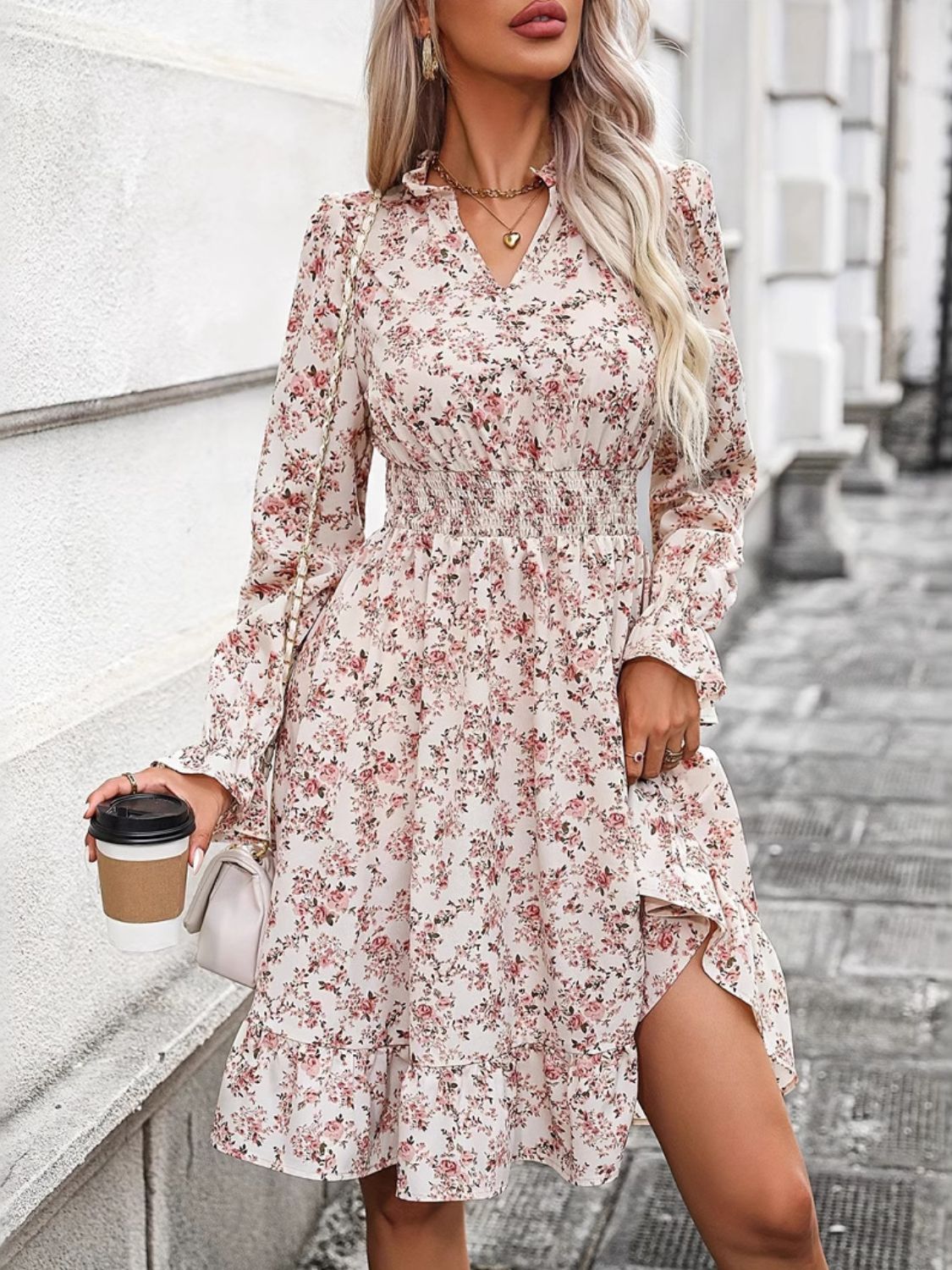 Ruffle Hem Floral Surplice Long Sleeve Dress.