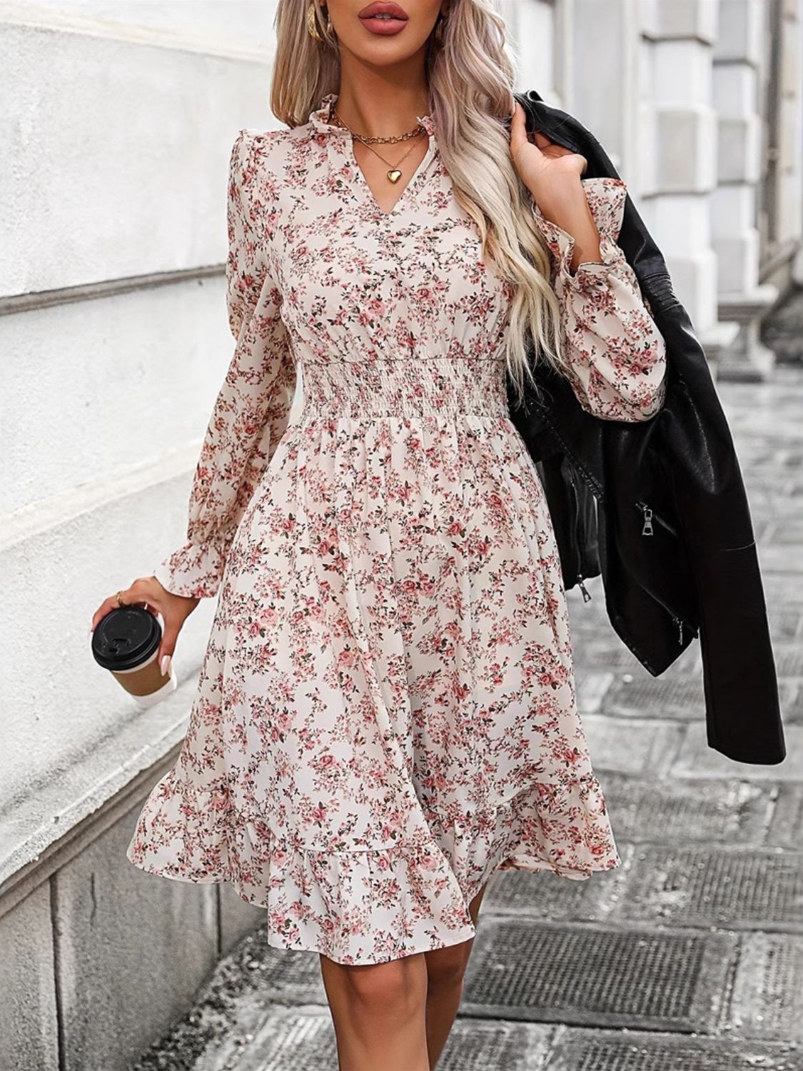 Ruffle Hem Floral Surplice Long Sleeve Dress.