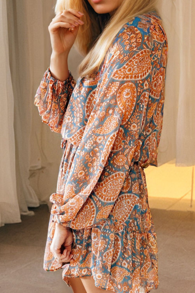 Ruffle Hem Printed Long Sleeve Dress.