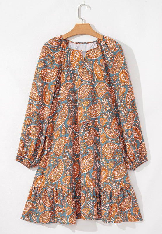 Ruffle Hem Printed Long Sleeve Dress.
